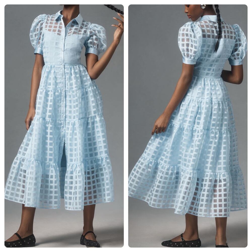 Anthropologie Light Blue Checkered Midi Dress